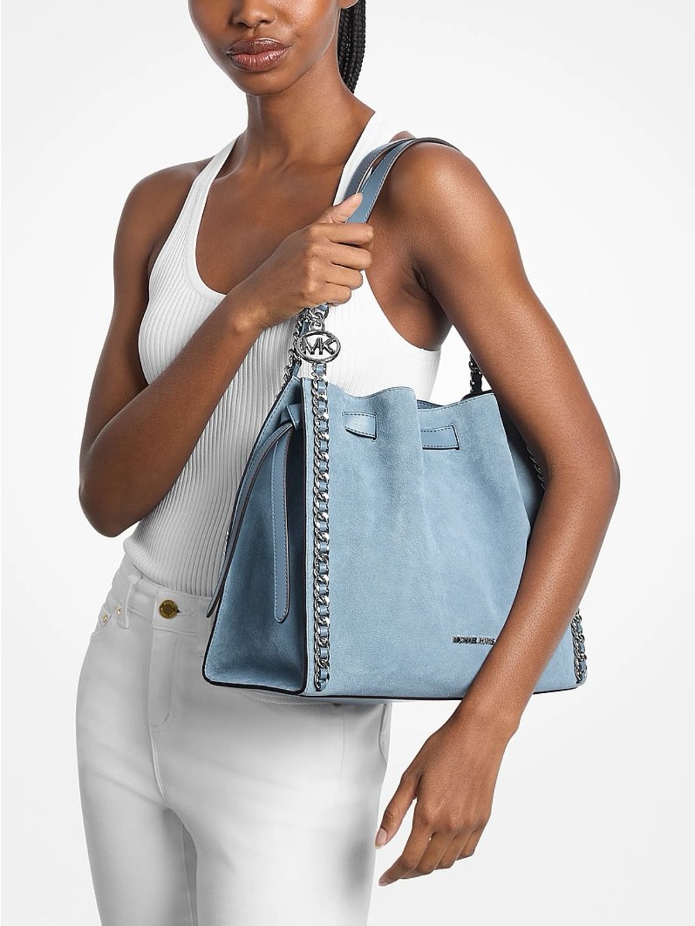 $498 New Michael Kors purse tote Mina Large Suede Chain Shoulder Bag pale ocean